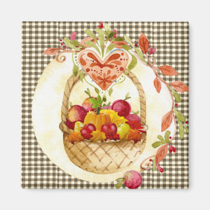 Farm Style Harvest Basket / Brown Gingham Fridge Magnet