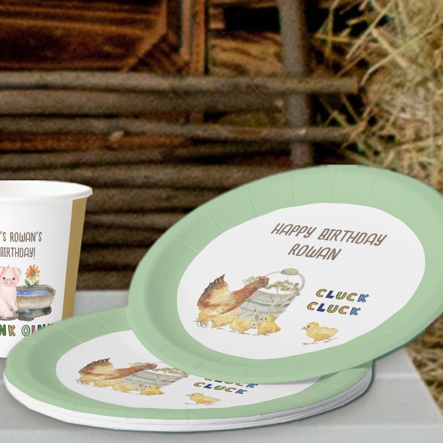 Farm Theme Cluck Cluck Chicken Kids Birthday Party Paper Plate (Farm themed birthday party plates with personalized wording)