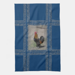 Farm Theme Rooster Dish Towel, Blue Background Tea Towel