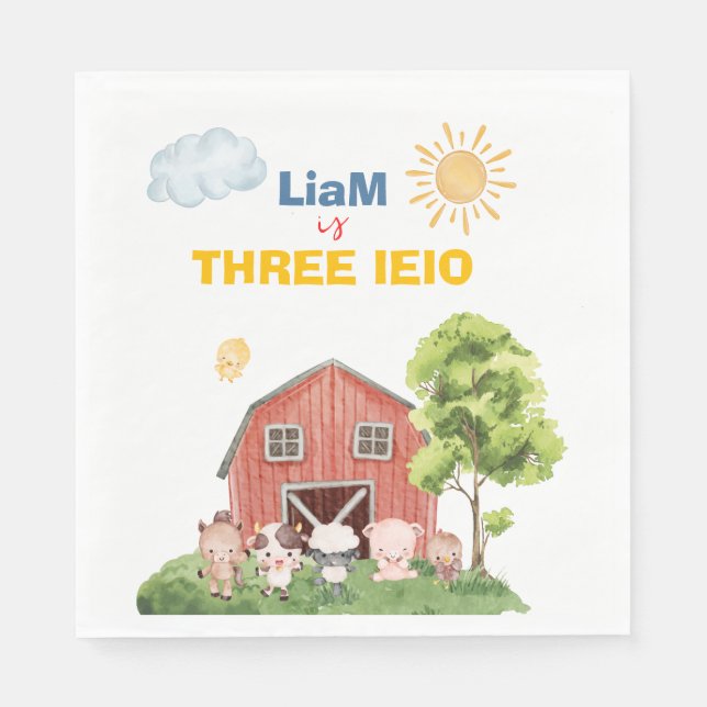 Farm Three I-E-I-O 3rd Birthday  Napkin (Front)