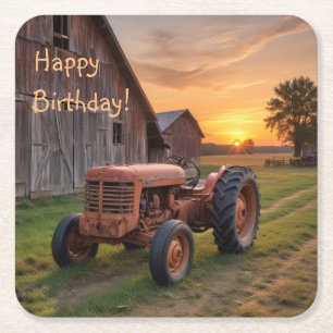 Farm Tractor Birthday Square Paper Coaster