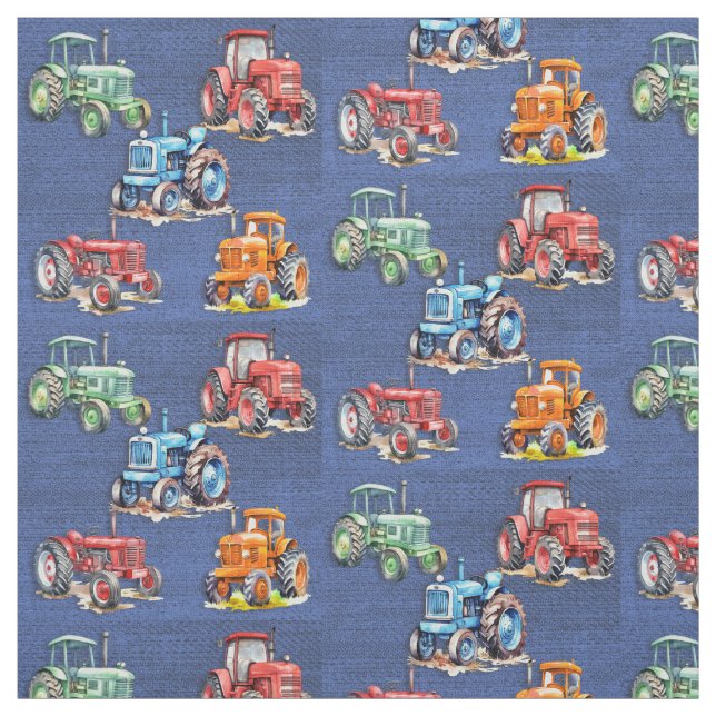 Farm Tractor Denim Blue Design Fabric (Swatch)