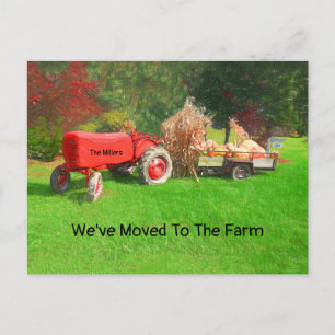 Farm Tractor Red Country Autumn We've Moved Postcard