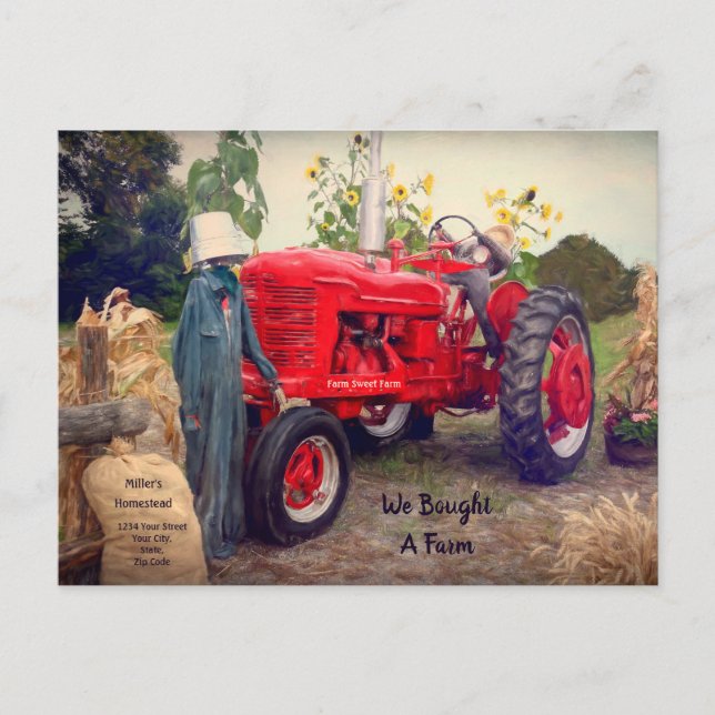 Farm Tractor Red Rustic Country We've Moved Moving Postcard (Front)