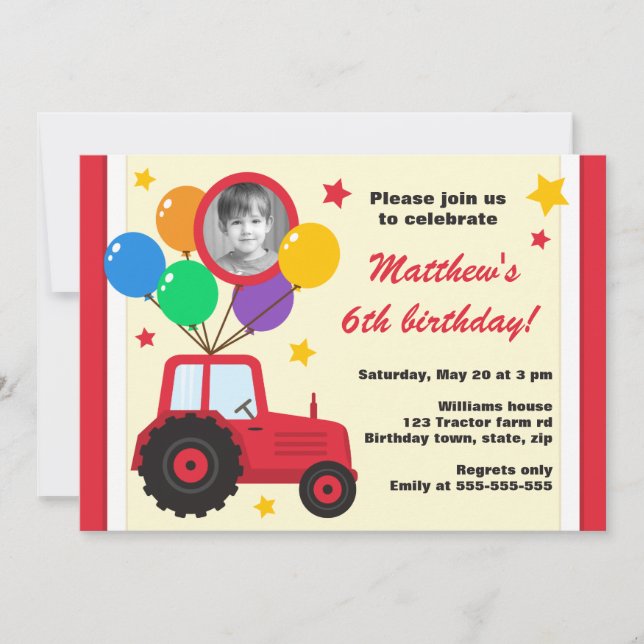 Farm tractor with balloons kids birthday photo invitation (Front)