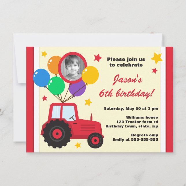 Farm tractor with balloons kids birthday photo invitation (Front)