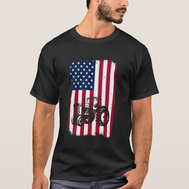 Farm Tractors Men Women American USA Flag Patrioti T-Shirt (Front)