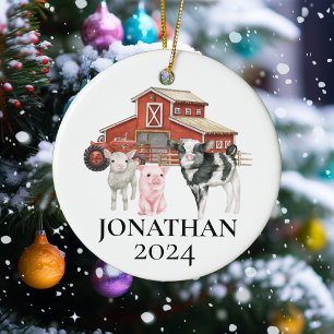  Farm Watercolor Cow Pig Barn Monogram  Ceramic Tree Decoration