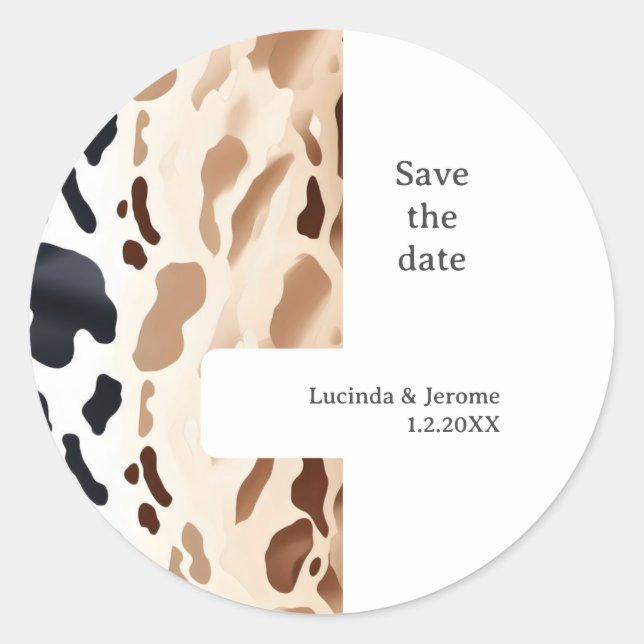 Farm Wedding Cowhide print Save the date Classic Round Sticker (Front)