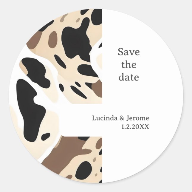 Farm Wedding Cowhide print Save the date Classic Round Sticker (Front)