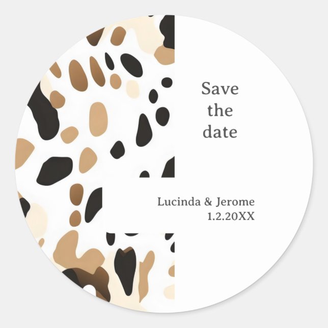 Farm Wedding Cowhide print Save the date Classic Round Sticker (Front)