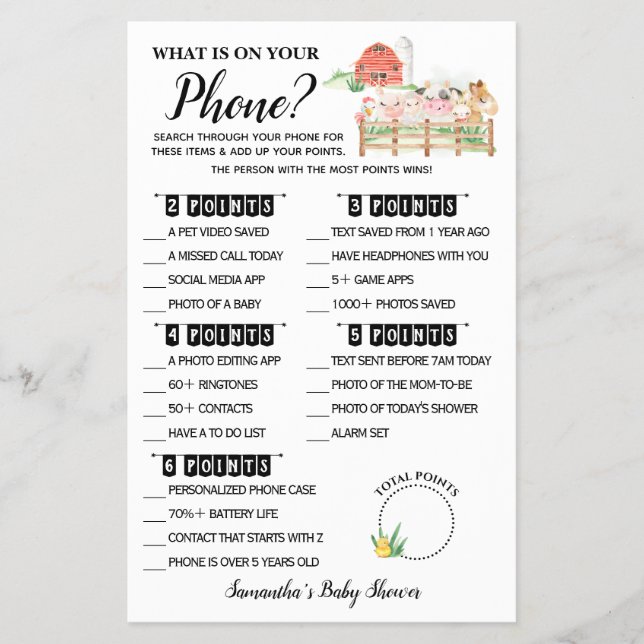 Farm What is on your Phone Baby Shower Game card (Front)