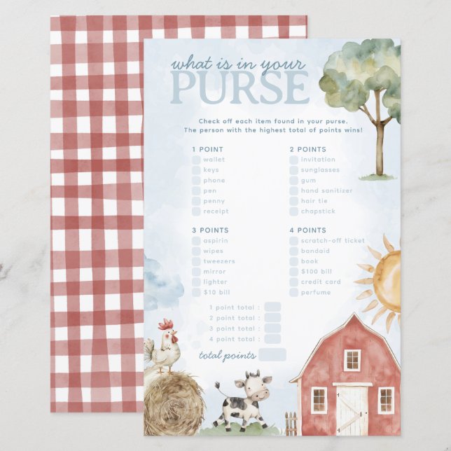 Farm What's in Your Purse Baby Shower Game (Front/Back)