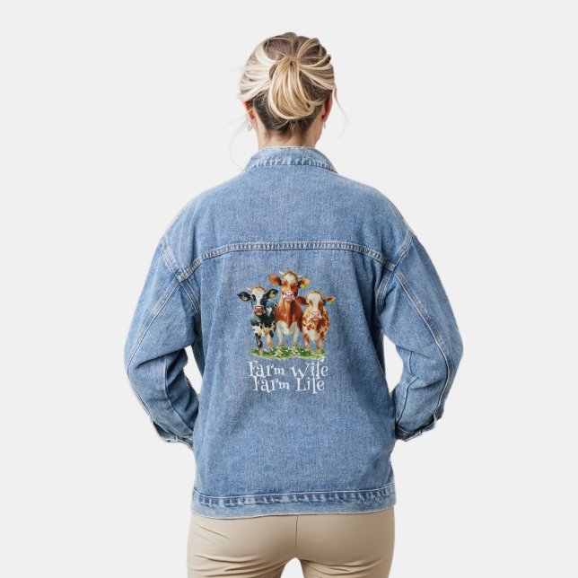 Farm Wife Cattle Cows  Farm Life Denim Jacket (Model)