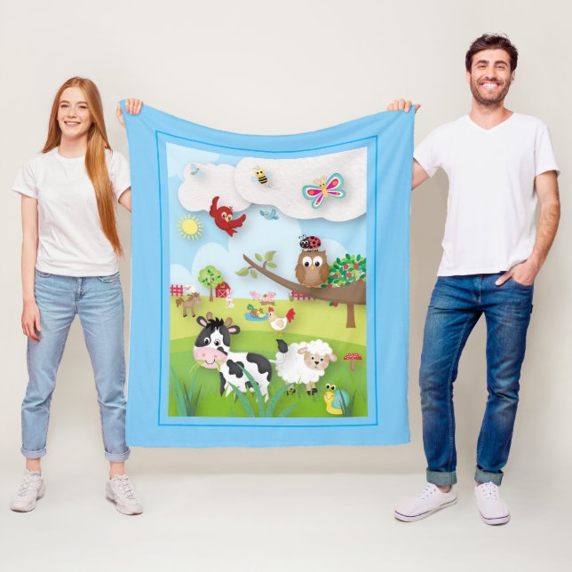 Farm with Cute Animals Scene On Blue Fleece Blanket (In Situ)