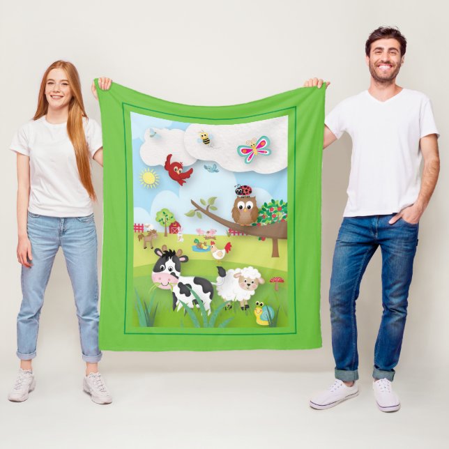 Farm with Cute Animals Scene On Green Fleece Blanket (In Situ)