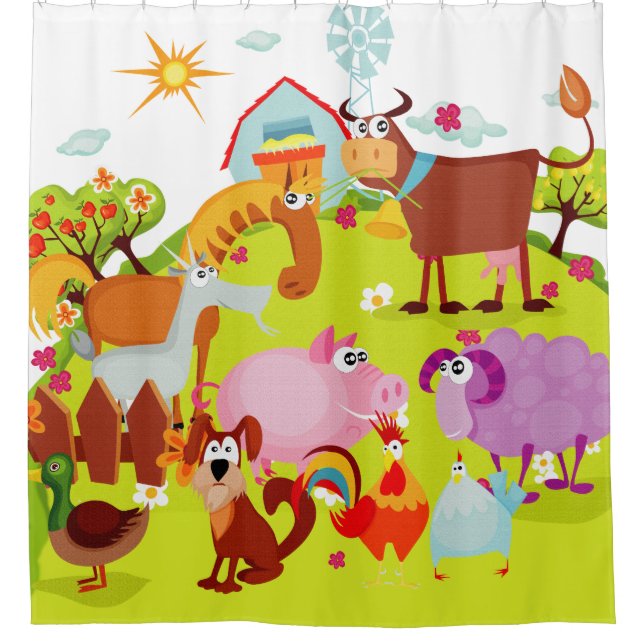 Farm With Horse, Pig, Sheep, Rooster, Goat, Bull Shower Curtain (Front)