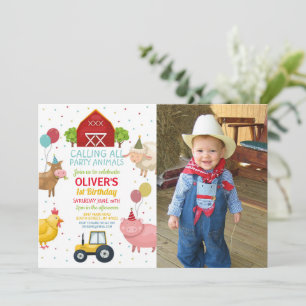 Farm Yard Animals 1st Kids Birthday Photo Invitation