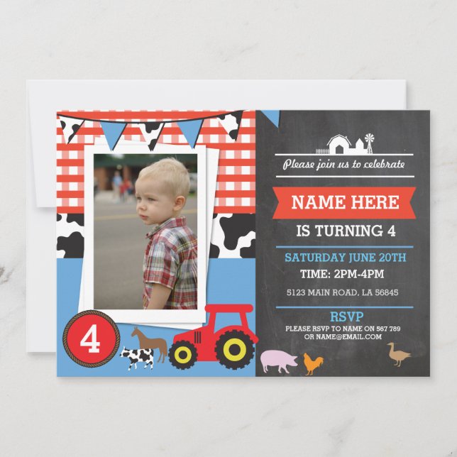 Farm Yard Photo Birthday Party Blue Boy's Invite (Front)