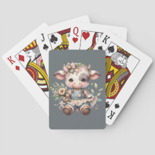 Farmcore Kawaii Calf in Vintage Floral Dress Playing Cards