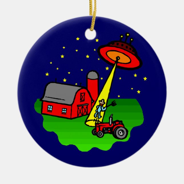 Farmer Alien Abduction Ceramic Tree Decoration (Front)