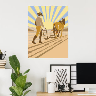 Farmer and Horse Ploughing Field Retro Sunrise Poster
