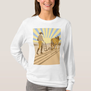 Farmer and Horse Plowing Field Retro Sunrise T-Shirt
