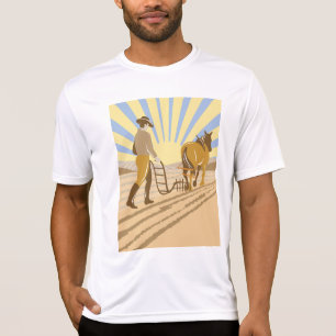 Farmer and Horse Plowing Field Retro Sunrise T-Shirt