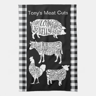 Farmer Butcher Meat Cuts Tea Towel   Vintage Beef 