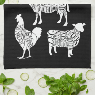 Farmer Butcher Meat Cuts Tea Towel   Vintage Beef 