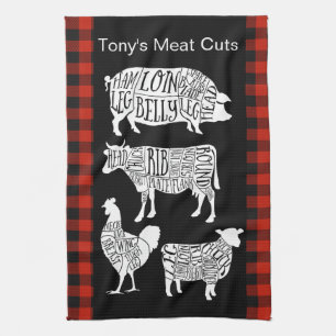 Farmer Butcher Meat Cuts Tea Towel   Vintage Beef 
