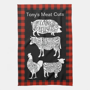Farmer Butcher Meat Cuts Tea Towel   Vintage Beef 