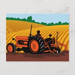 farmer driving farm tractor ploughing field postcard