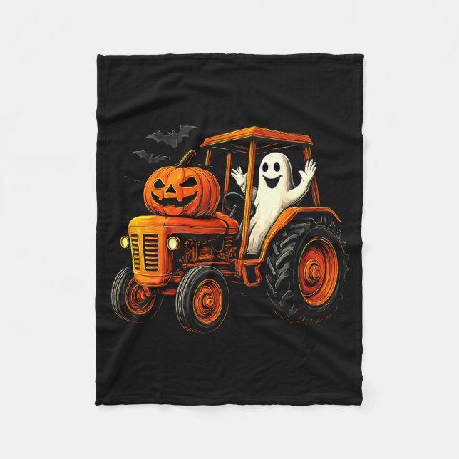 Farmer Ghost Tractor Pumpkin Soky Season Halloween Fleece Blanket (Front)