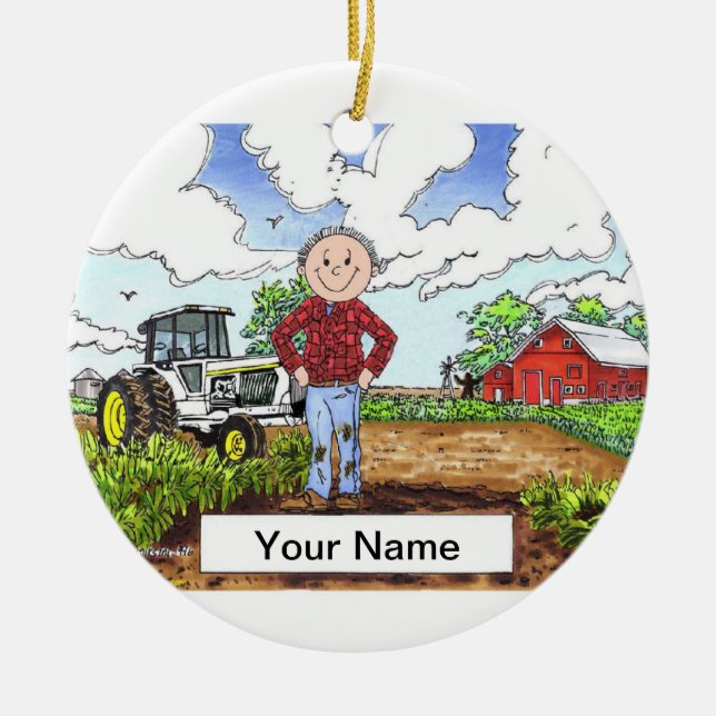 Farmer - Male, White Tractor Ceramic Tree Decoration (Front)