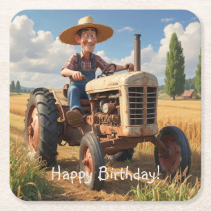 Farmer On Tractor Square Paper Coaster