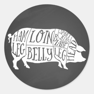 farmer pig pork butcher meat cuts art small holder classic round sticker