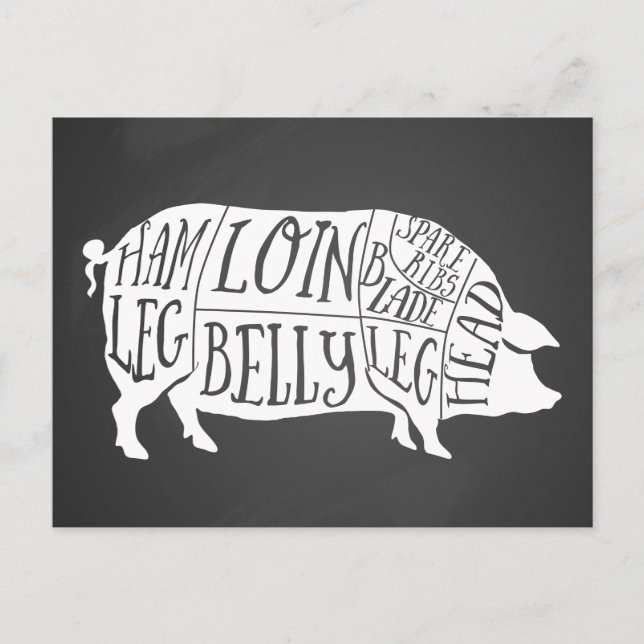 farmer pig pork butcher meat cuts art small holder postcard (Front)