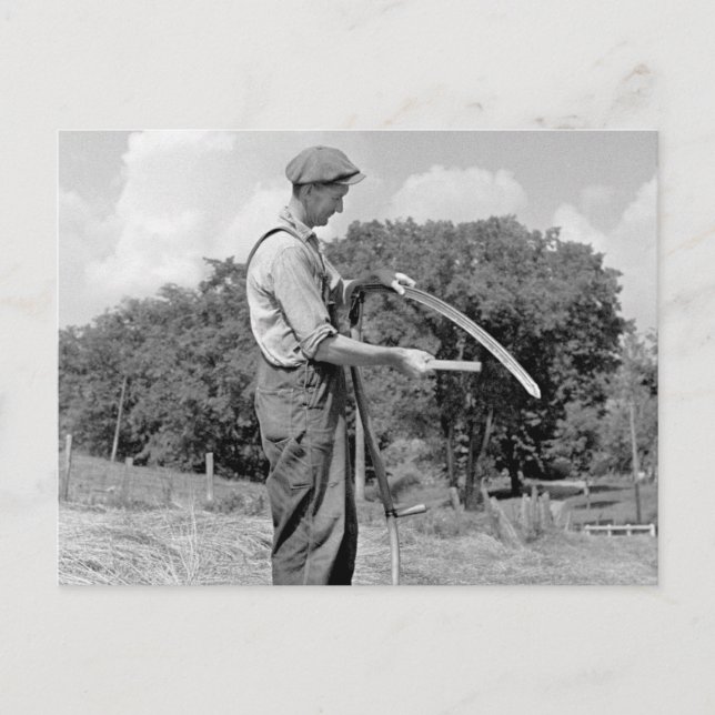 Farmer Sharpening a Scythe, 1930s Postcard (Front)