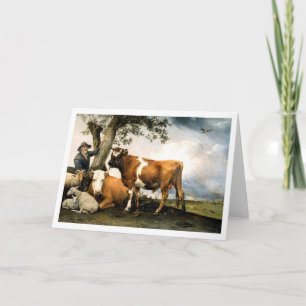 Farmer with cows and sheep holiday card