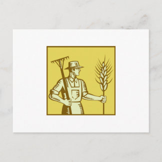 Farmer With Rake and Wheat Woodcut Postcard