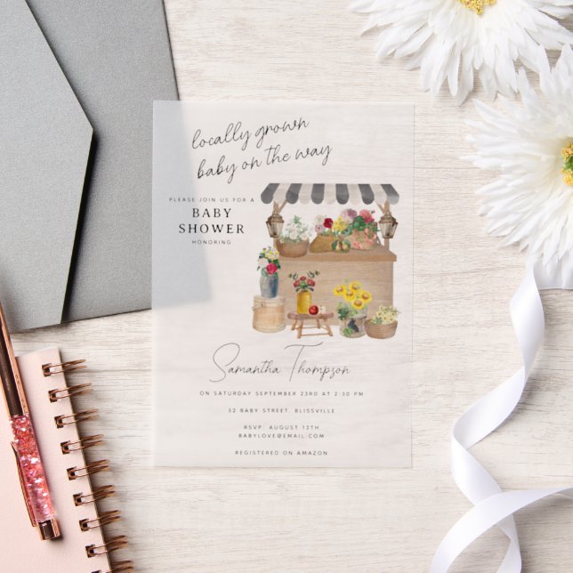 Farmer's Flower Cart Stand Market Baby Shower Vellum Invitations (Wedding)