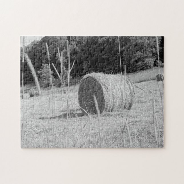 Farmers Hay Field Scene B&W Round Bales in Summer Jigsaw Puzzle (Horizontal)