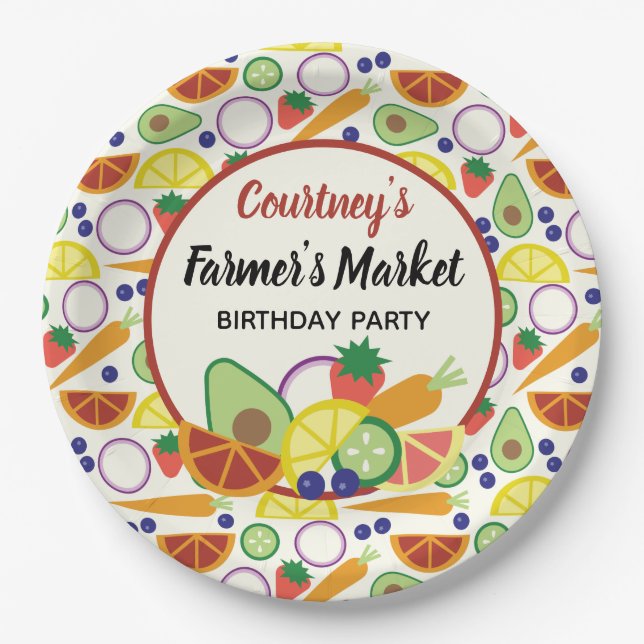 Farmer's Market Birthday Party Fruits and Veggies Paper Plate (Front)