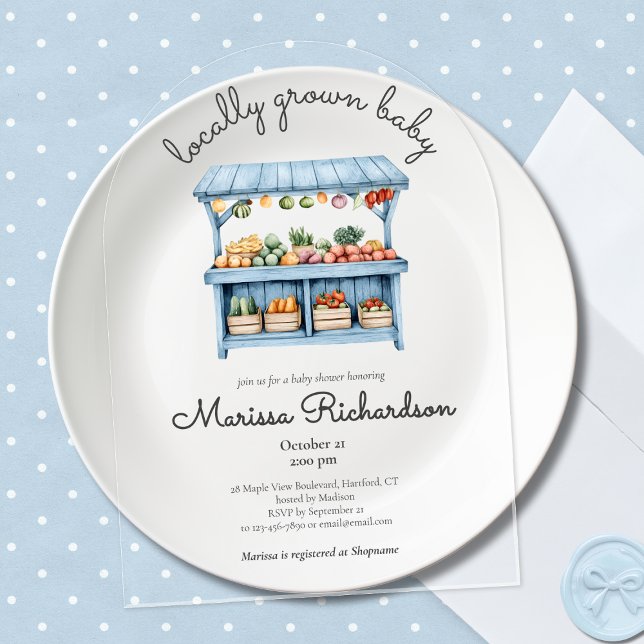 Farmers Market Boy Baby Shower Acrylic Invitations (blue farmers market locally grown baby boy shower acrylic invitation, rustic garden party picnic)