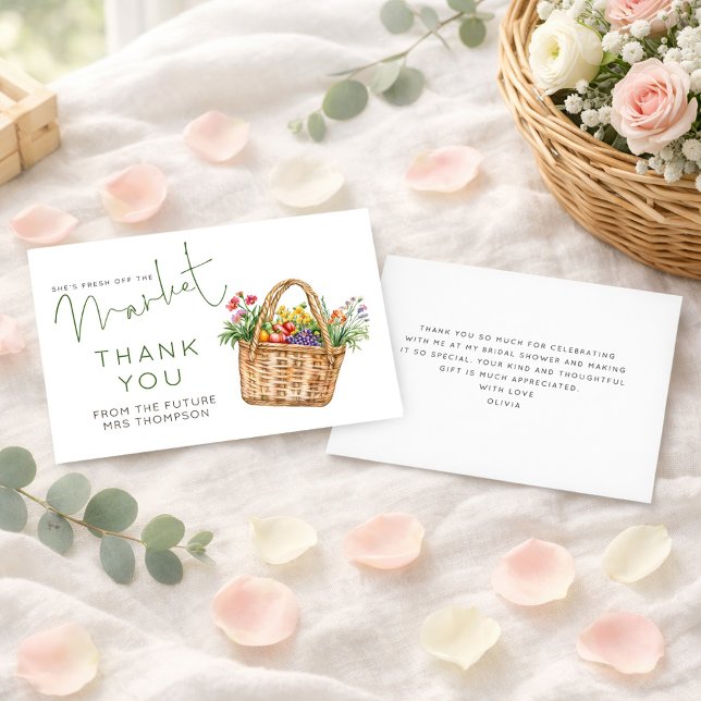 Farmers Market Bridal Shower Green Thank You Card (Front and back view)