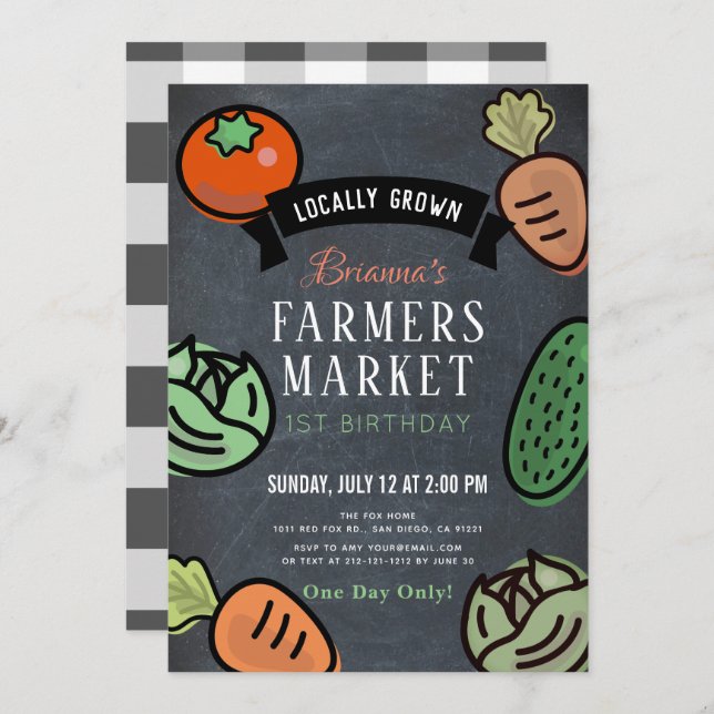 Farmers Market Chalkboard 1st Birthday Invitation (Front/Back)