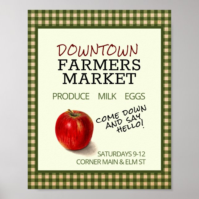 Farmers Market Editable Flyer (Green Check Apple) Poster (Front)