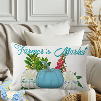 Farmers Market Fall Pumpkins White Blue Harvest  Lumbar Cushion