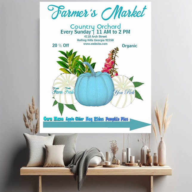 Farmers Market Fall Pumpkins White Blue Harvest  Poster (Farmers Market Fall Pumpkins White Blue Harvest Poster)